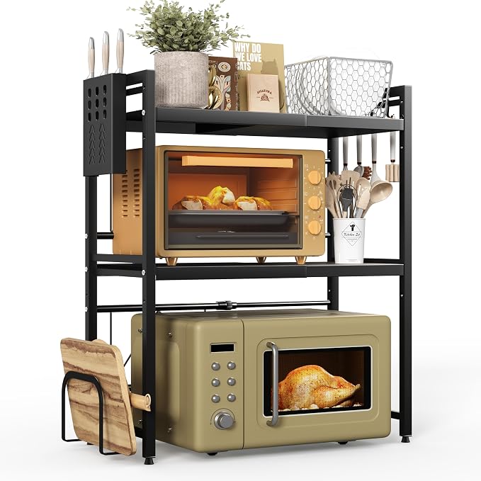 NETEL 3 Tier Expandable Microwave Stand countertop,Microwave Oven Rack | microwave shelf with Cutting Board Holder and Knife Holder, storage shelf for pans &appliances,55 Lbs load Per Tier,Black