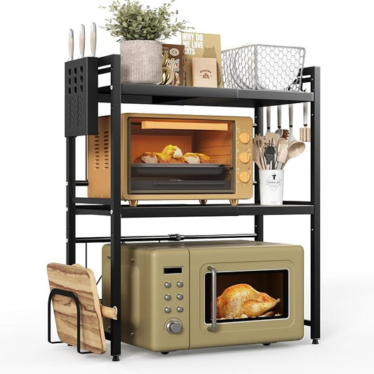 NETEL 3 Tier Expandable Microwave Stand countertop,Microwave Oven Rack | microwave shelf with Cutting Board Holder and Knife Holder, storage shelf for pans &appliances,55 Lbs load Per Tier,Black