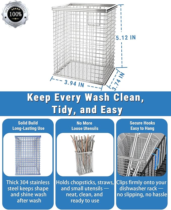 Chopstick Holder, 304 Stainless Steel Dishwasher Chopstick Basket with Hooks, Straw & Silverware Drying Rack for Organizing Knife, Fork, Spoons and Small Kitchen Tools (Silver)