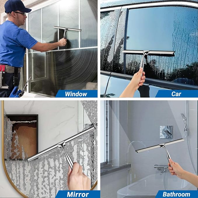 ecooe Silicone Shower Squeegee with Hanger, Shower Glass Cleaner Wiper, Black Window Squeegee Scraper with Stainless Steel Core for Home Bathroom Kitchen Car Glass Doors
