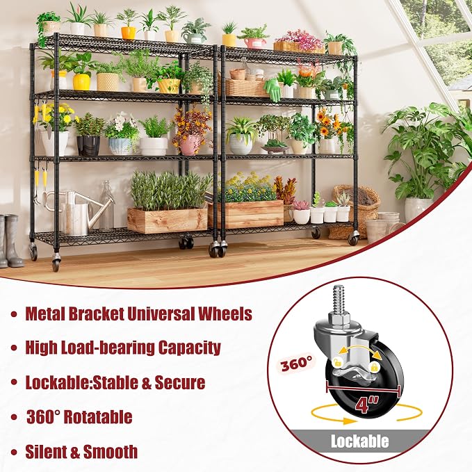 PrimeZone 6 Packs 55.5" W x 24" D x 80" H Heavy Duty Wire Storage Shelves with Wheels, 4 Tier Adjustable NSF Commercial Garage Shelving Unit, Rolling Metal Organizer Shelf Rack for Warehouse, Pantry