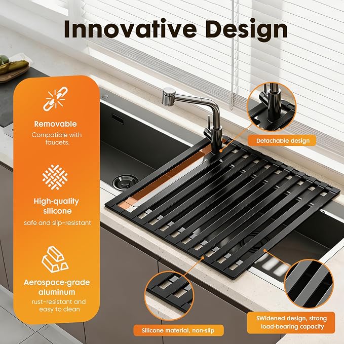 Foldable Over Sink Dish Drying Rack, Extra Wide & Thick Rust-Proof Aluminum Sink Cover for Counter Space, Collapsible Dish Drying Rack Fits Most Kitchen Sinks (Black, 17.7“x13.6)