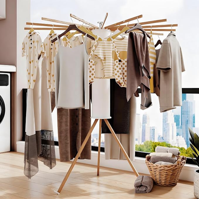 Tripod Clothes Drying Rack Foldable Laundry Drying Rack | Holds 45 lbs, solid wood build, swiveling arms, ready to use, for balcony, bedroom, laundry, garden & indoor/outdoor