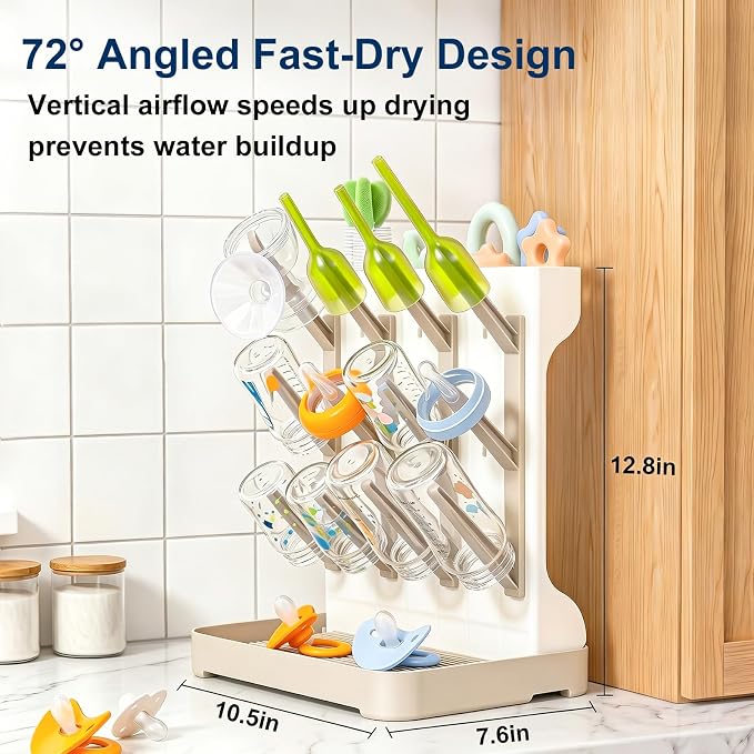 GoMaihe Baby Bottle Drying Rack: Space Saving Vertical Bottle Dryer Holder - Baby Accessories Storage Stand Organize Brushes Pacifiers on Countertop - BPA-Free - Beige