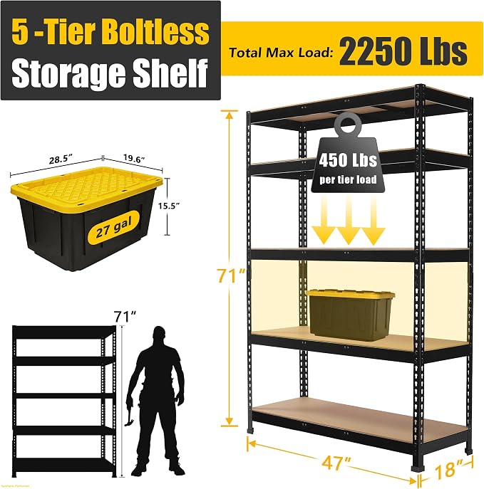 PrimeZone Heavy Duty Storage Shelves - 47"W x 18"D x 71"H 5 Tier Adjustable Garage Storage Shelving, Metal Storage Utility Rack Organizer Shelf Unit for Warehouse Pantry Closet Kitchen Basement, Black