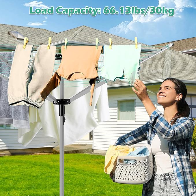 tonchean Adjustable Height Rotary 4-arm Clothesline Umbrella Drying Rack | Collapsible Clothes Drying Rack for Laundry Outdoors Dryer Collapsible Clothes Drying Rack | 12-Lines with 165ft. Clothesline