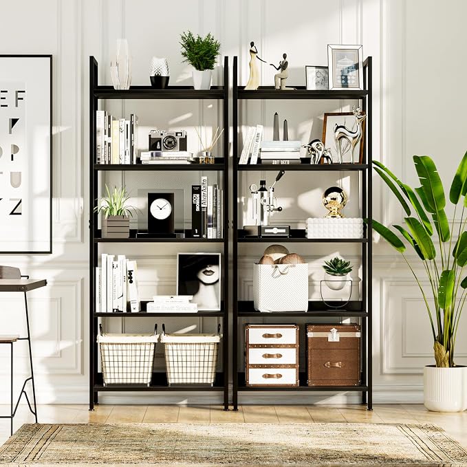 NUMENN Bookshelf, 5 Tier Freestanding Shelving Unit, Black | Metal Frame & Wood Shelves, Falling Prevention Baffle, Open Storage Bookcase for Bedroom, Living Room & Home Office