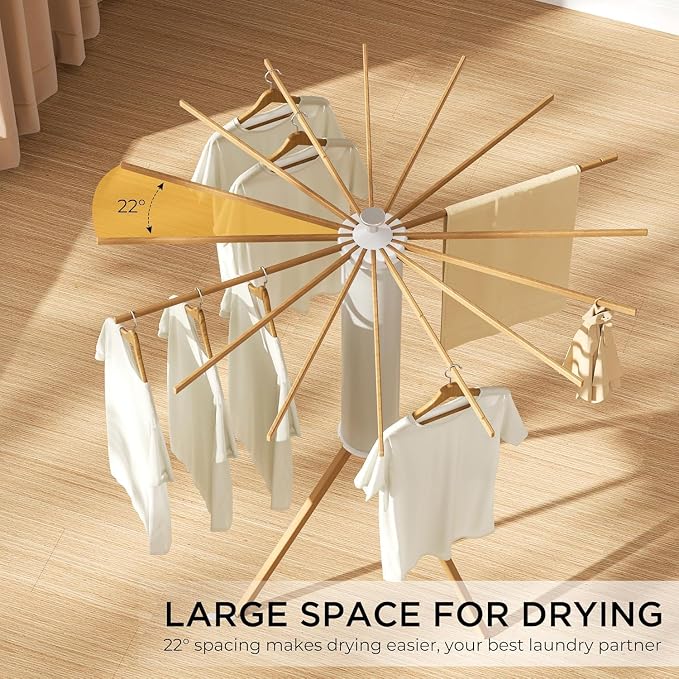 Wooden Tripod Clothes Drying Rack, Foldable Portable Garment Stand, Space Saving Laundry Drying Stand for Clothes, Indoor Outdoor Balcony Bedroom Laundry Organizer