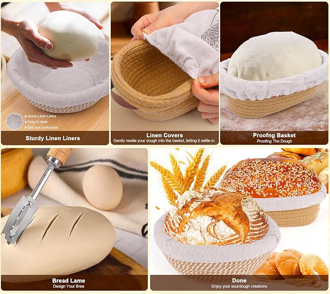Sourdough Starter Kit, Bread Baking Supplies with Round & Oval Banneton Proofing Basket, Bread Sling, Starter Jar, Dough Whisk, Scrapers, Stencils & Storage Bag, Bread Making Tools Gift for Bakers