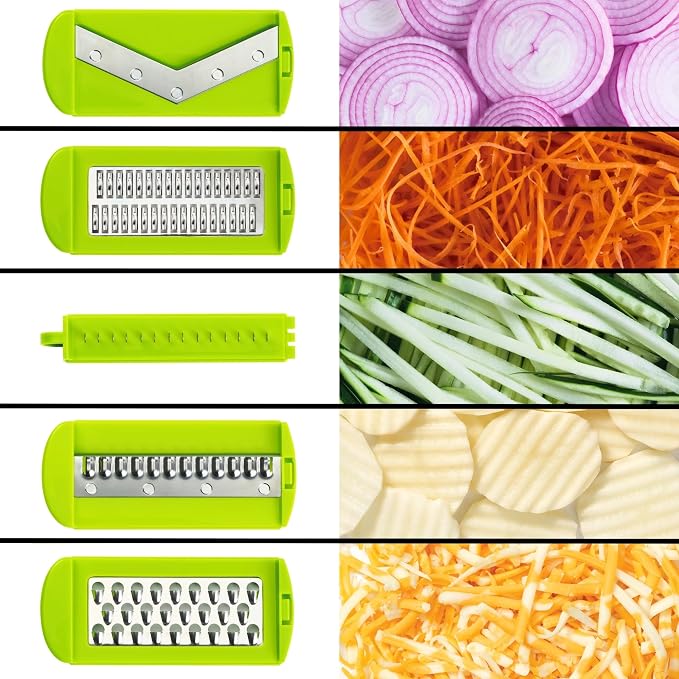 Starfrit Easy Mandoline Slicer, Dicer - 5-Blades - Straight & Crinkle Blades, Julienne, Grater & Shredder - Self-Feeding Pusher - Catch Base for Storage and Food Container