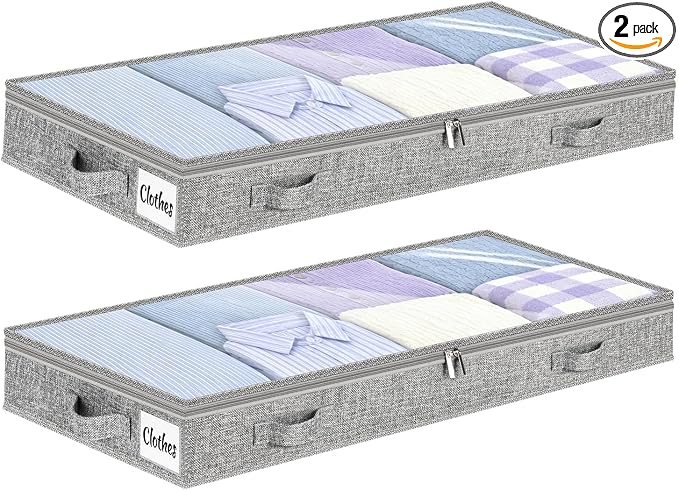 5 Inch Low Profile Under Bed Storage Drawer 2 Pack, Lightweight Underbed Clothes Storage Container Bins With NO STURCTURE, Shallow Storage Bag for Dorm & Home, With Clear Lids & Water-Resistant Fabric