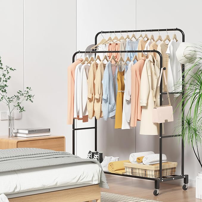 Sooyee Double Rod Clothing Rack with Wheels, 3 Tier, Black | Garment Racks for Hanging Clothes, Portable, 4 Hooks, For Bedroom, Laundry Room