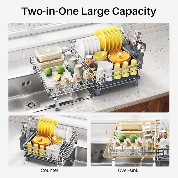 SNTD Dish Drying Rack - Extendable Dish Rack, Large Sink Drying Dish Drainer for Kitchen Counter, Stainless Steel Dish Strainer with Utensil Holder (Silver)