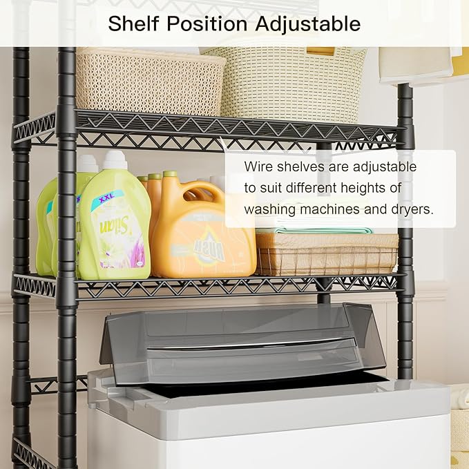 U11 Medium Over Washer and Dryer Shelves, 3 Tiers Laundry Room Storage and Organizer Standing Shelf, Metal Freestanding Clothes Drying Rack, 31.1”W x 19.7”D x 77.6”H, Black
