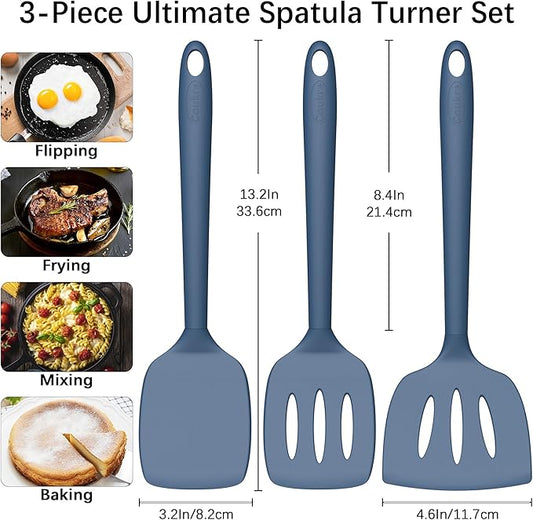 Coukre 3 Pack Silicone Spatula Set, High Heat Resistant, BPA-Free, Fish Spatula, Solid & Slotted Turner for Non-Stick Pans, Flipping Eggs, Pancakes, Fish, Burgers (3, PureDarkBlue)