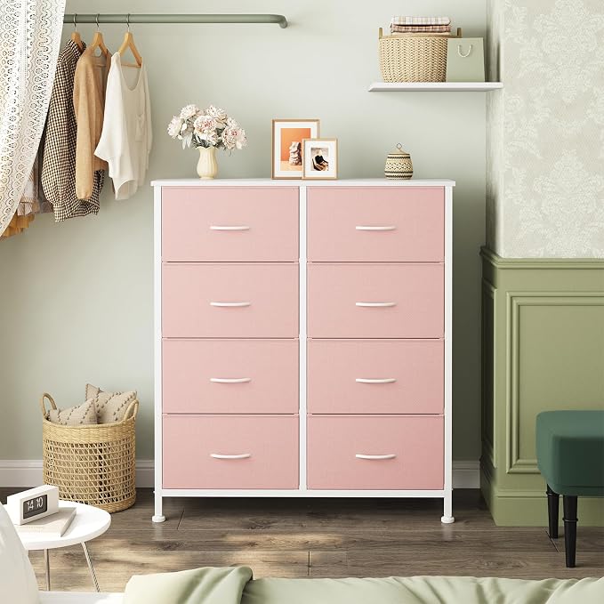 OLIXIS 8 Drawer Storage Dresser for Bedroom, Closet Organizers Units, Pink | Fabric Dresser with Wooden Top, Chest of Drawers Clothes Storage, Tower Cabinet, TV Stand Furniture