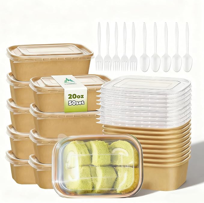 Kaderron 50 Pack 20 OZ Large Paper Bowls with Lids with Spoons and Forks, Heavy Duty Disposable Meal Prep Containers for Party, Soak-Proof and Microwave Safe for Hot/Cold Use