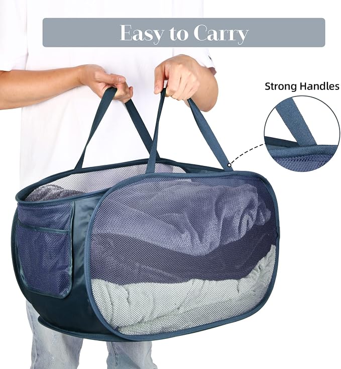 Durable Collapsible Laundry Baskets, Mesh Pop Up Laundry Hamper with Side Pocket, Foldable Clothes Storage Hamper with Reinforced Carry Handles for Laundry, Bathroom, Kids Room, Dorm or Travel Navy