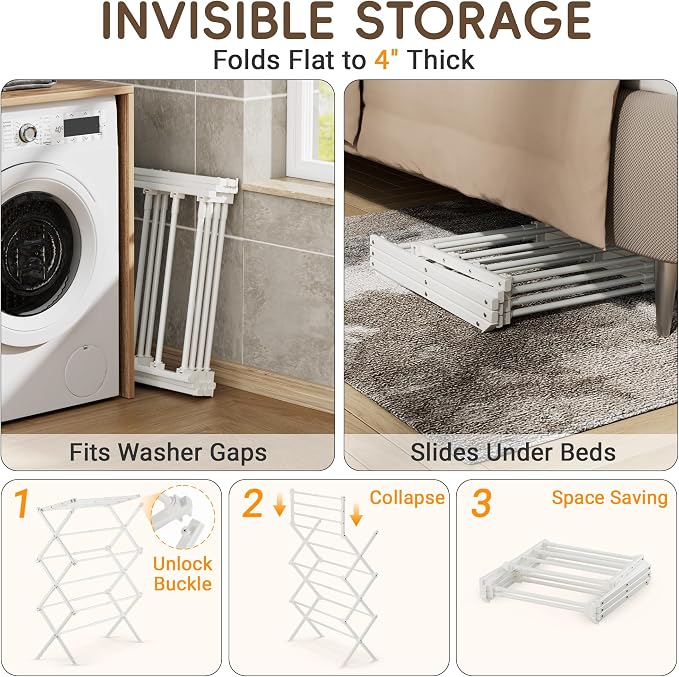 Foldable Clothes Drying Rack, Reinforced Joints, White | 35 lbs load, rustproof carbon steel, adjusts 17.7"-29"W, indoor & outdoor, tool-free