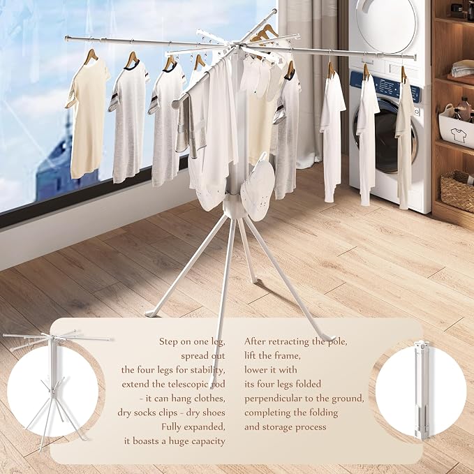 Multi-Functional 4-Leg Clothes Drying Rack, Large Capacity Foldable & Collapsible Laundry Rack, Portable Indoor Outdoor Drying Rack with Sock Clips & 4 Shoe Holders, Space Saving Stand