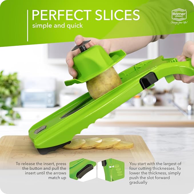 Mandoline Food Slicer Börner V5 (Basic Set) by Reston Lloyd • V-Slicer with Food Holder • Made in Germany • Fruit & Vegetable Chopper • Multiple Settings • Color: Lime