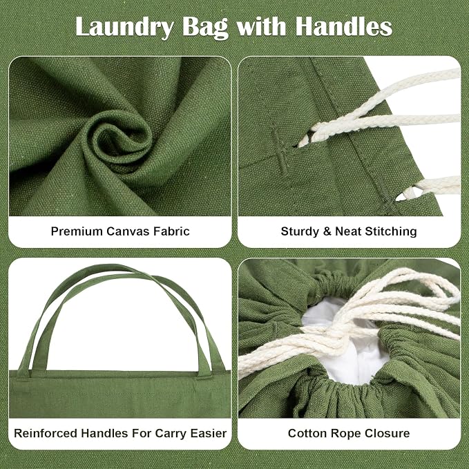 Canvas Laundry Bags with Handles & Square Base 16"Wx16"D x27.6"H, ArmyGreen | Extra Large Heavy Duty Laundry Basket Hamper Liner, Washable Drawstring Dirty Clothes Bag Canvas Storage Sack