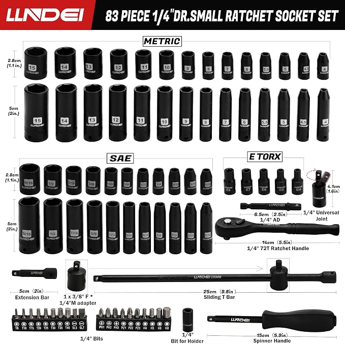 1/4" Impact Socket Set 83 Pieces, SAE(5/32-9/16 in) Metric (4-15mm) | 72T Ratchet Wrench Handle,CR-V Mechanics Tool Set with Adapter, Screwdriver Bits for Automotive Repair