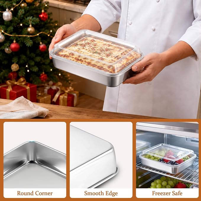 LIANYU 4-Piece Stainless Steel Deep Baking Pan Set with Lids, 10 x 8 Inch Rectangular Cake Pans, Roasting Bakeware for Lasagna, Brownies, Non-Toxic & Dishwasher Safe (2 Pan +2 Lid)