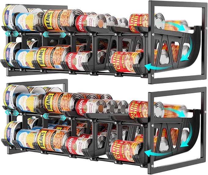 iSPECLE Pantry Can Organizer - Auto-Rolling, Expandable, Holds 120 Cans | Stackable For Walk-in Deep Pantry Shelve, Adjustable Width for Food Cans, Sturdy Metal Frame, Easy Access & Restocking, Black