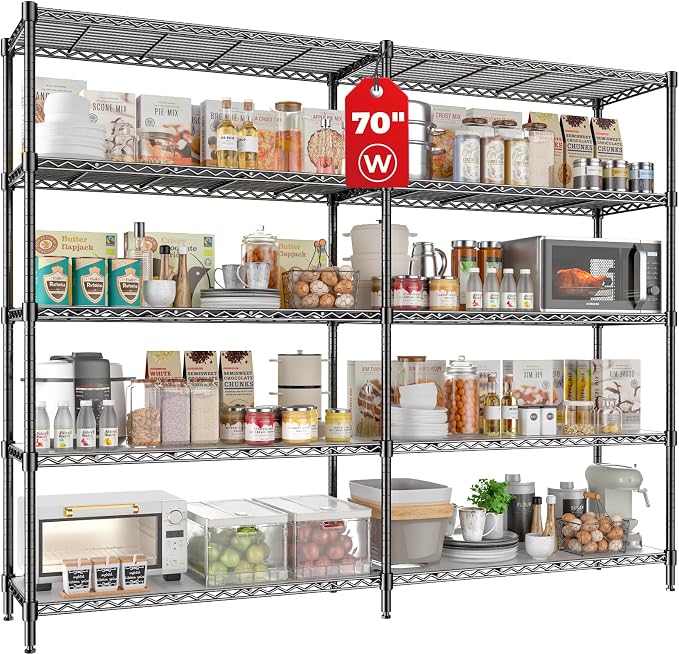 70" W Storage Shelves 1430 LBS Heavy Duty Wire Shelving, 5 Tier Adjustable Metal Garage Shelving, Pantry Kitchen Storage Rack with Liners, DIY L-Shaped Corner Shelf, 70" W x 16" D x 72" H