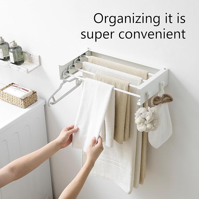 RFOUO Wall Mounted Clothes Drying Rack,White 19.7" with Hooks | Foldable,Space saver Drying Rack for Laundry Balcony Bathroom, 4 Aluminum Rods, 40 lb Capacity