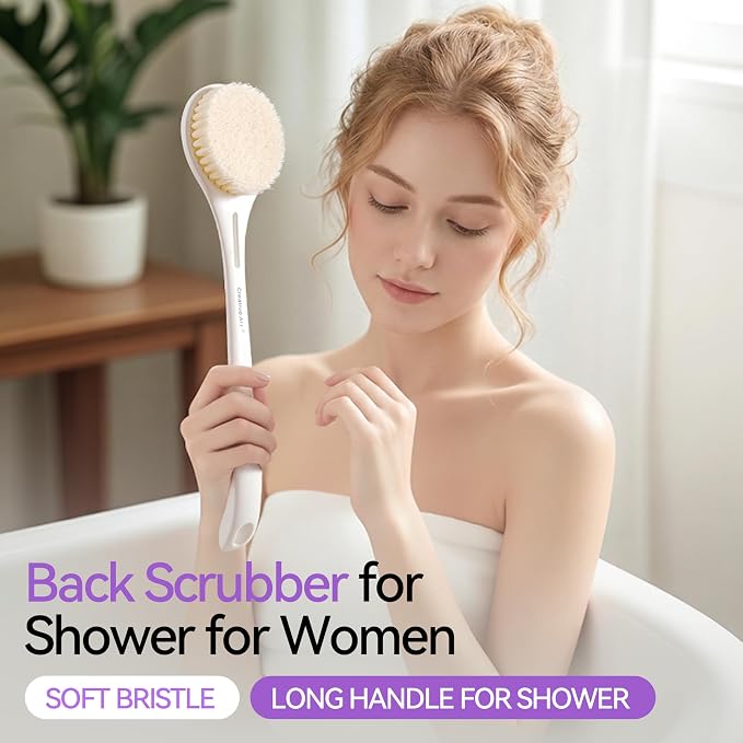 Back Scrubber for Shower for Women Men, Body Brush with Long Handle, Exfoliating Bath Washer with Soft Bristles, Body Exfoliator for Wet or Dry Brushing, Back Scrub Deep Cleaning, White