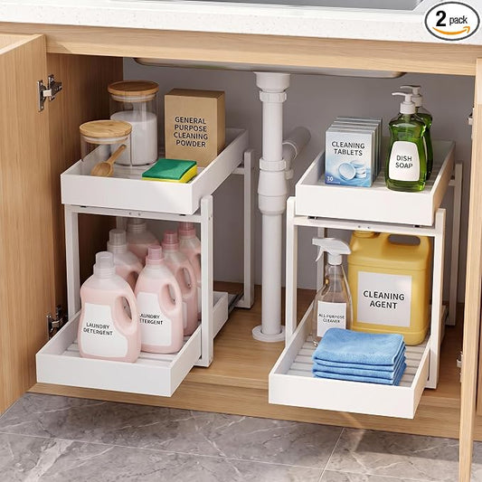 Bamboo Under Sink Organizer and Storage, 2 Pack Pull Out Cabinet Organization, 2 Tier Vertical Slide Out Undersink Storage Shelf, Multi-Purpose Organizer Shelves for Kitchen Bathroom Medicine