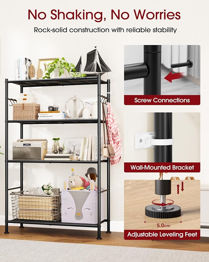 Sakugi Storage Shelves - 4-Tier Spacious Shelf Organizer with Hooks & Leveling Feet, Easy to Assemble, Rust-Resistant Garage Shelving for Kitchen, Pantry, Bedroom, 33.2" x 12.7" x 57.3", Black