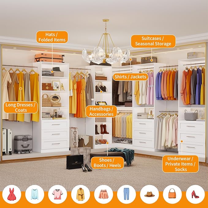 Closet System with 4 Sets, 8.5FT-21.5FT Corner Closet Organizer System with 9 Drawers & 12 Shelves & 8 Hanging Rods, Custom L-Shaped Modular Walk-in Closet Organizers and Storage System Corner, White