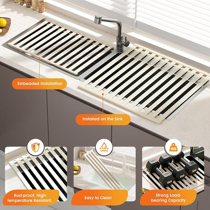 Foldable Over Sink Dish Drying Rack, Extra Wide & Thick Rust-Proof Aluminum Sink Cover for Counter Space, Collapsible Dish Drying Rack Fits Most Kitchen Sinks (White, 20.5“x13.6)