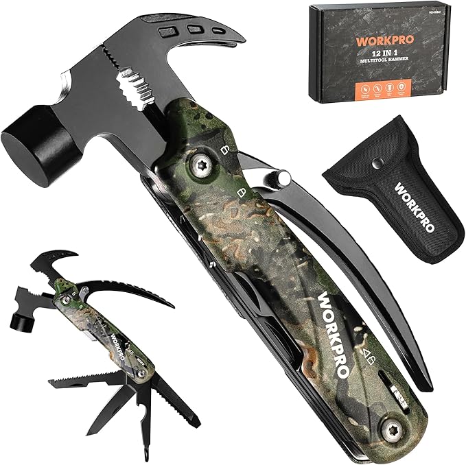 WORKPRO 12 in 1 Camping Tools with Mini Hammer | EDC Gear Multi Tools Hammer with Safety Lock and Pouch-Mini Multitools Gifts for Men and Women-Camouflage