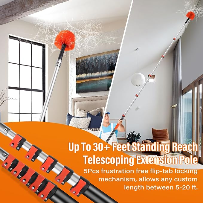 30FT Reach Cobweb Duster with Extension Pole,Spider Web Brush for Cleaning | Web Cobweb Duster with 5-24FT Telescoping Pole,5-Stage Lightweight & Sturdy Telescopic Pole for Outdoor Indoor Use