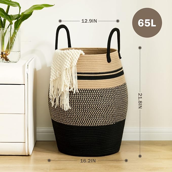 Large Laundry Hamper Basket 65L Woven Blanket Basket, Brown & Black | Tall Clothes Hamper, Rope Wicker Laundry Basket, Storage Basket for Toys, Dirty Cothes in Bedroom, Living Room Organizer