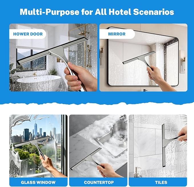 Hotel Grade Stainless Steel Squeegee 10 Inch with Adhesive Hooks - Commercial Shower Squeegee for Hotel Bathroom Glass Door Mirror Tile, Streak-Free Multi-Purpose Cleaning Tool for Hotel Use, Silver