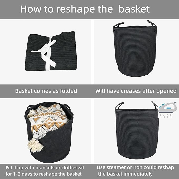 XUANGUO Black Cotton Rope Laundry Basket Hamper for Clothes Large | Baby Nursery Hamper Bin and Woven Storage Basket for Living Room Bedroom Boho Tall Rope Baskets Blankets Toys Pillows Towels