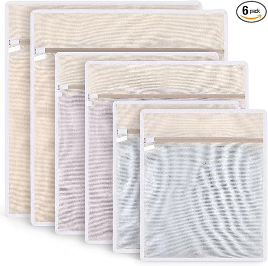 6 Pack Durable Cotton Mesh Laundry Bags for Delicates, Natural Cotton Laundry Bags Mesh Wash Bags with Sturdy Zipper for Underwear Bras Socks Clothes Storage Washing Machine Safe (M+L+XL)