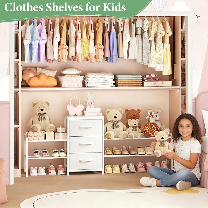 Expandable Closet Organizers and Storage,Wide Long 3 Drawer Dresser | White Fabric Storage Dresser, Clothes Shelves for Kids, Purse Organizer Small Shoe Rack for Closet Bedroom(47.24~71.47in)