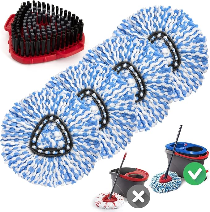 Spin Mop Replacement Heads for O Cedar RinseClean 2-Tank System, 4 Pack Microfiber Mop Refill Heads, Include 4 Mop Heads and 1 Mop Brush