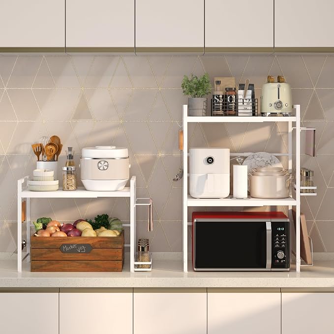 Expandable Microwave Stand Kitchen Countertop Organizer With Storage, White | Adjustable Microwave Oven Rack Metal Storage Shelf for Pans Small Appliances Kitchen Utensils Tableware, 3-Tier