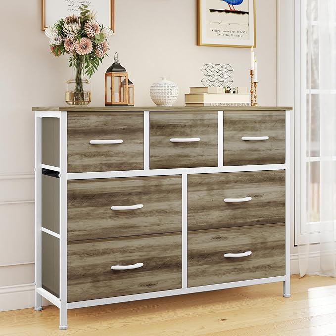 OLIXIS 7 Drawers Fabric Dresser for Bedroom, Storage Tower Organizer | Living Room & Entryway, Sturdy Steel Frame, Wooden Top & Easy-Pull Bins, Closet Chest for Clothes, Oak Greige