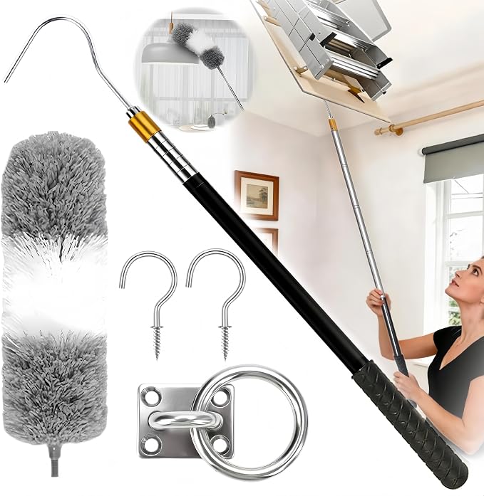 Attic Pull Down Hook with Duster, Extendable Pole for Attic Ladders | 18-59" Telescoping Pole with Microfiber Duster for Pulling Down Attic Ladders and Cleaning Fans, Ceilings & More