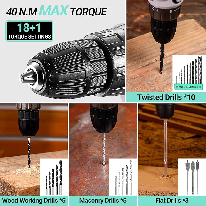 Drill Tool Kit Set: 20V Cordless Power Drill Tool Box with Battery Electric Drill Driver for Men Home Hand Repair Basic Toolbox Tools Sets Drills Case, Turquoise