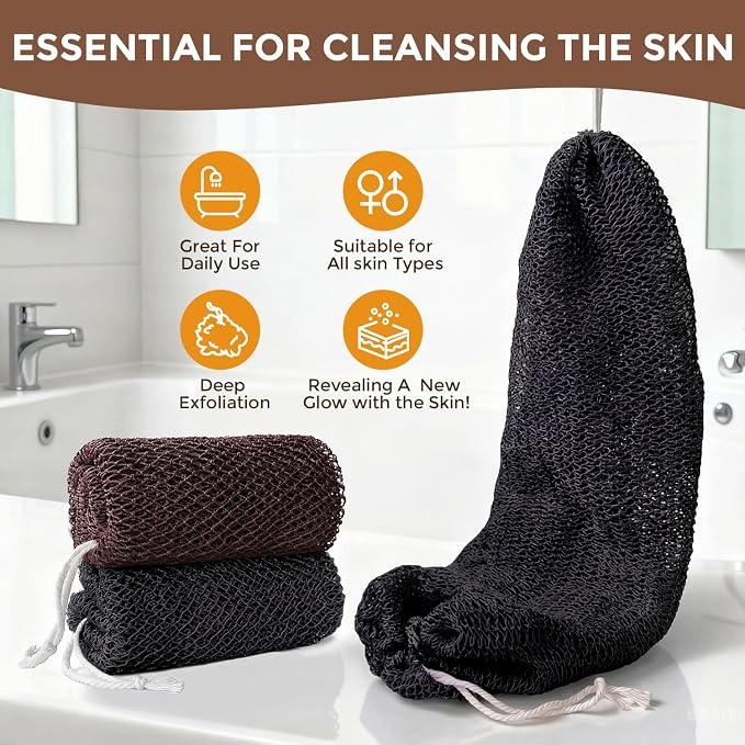 2 Pieces African Net Sponge Authentic, Durable Back Scrubber Washcloth for Shower, Exfoliating Net Sponge for All Skin, Bathing Accessories for Women (2 Pack (Black and Brown))