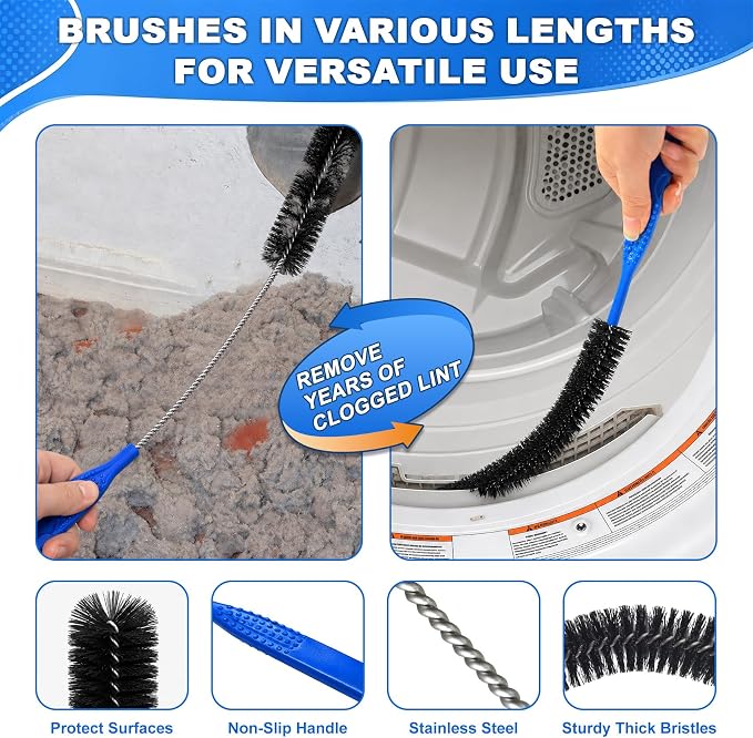 PetOde 5 Pieces Dryer Vent Cleaner Kit, Ultra-Slim 0.73" Vacuum Hose Attachment with Universal Connector, 4 Multi-Length Detail & Lint Brushes for Refrigerator Coils, AC Vents, Window Tracks